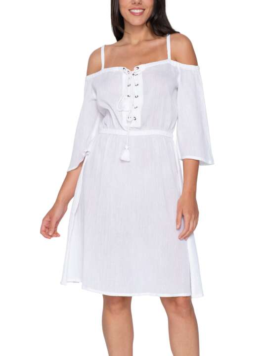 93913LU Summer dress with bare shoulders and half sleeves Mia Luna Splendida White face