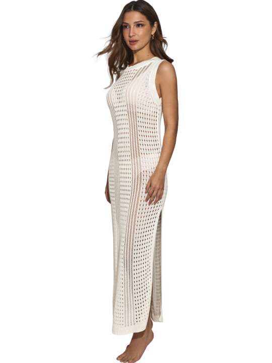 BC077SE Long sleeveless knitted beach dress Complementos Selmark Mare White face