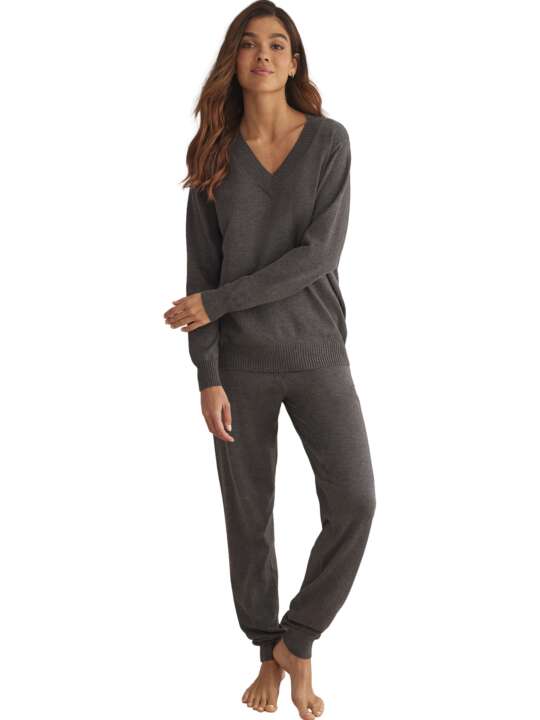 P9876SE Tenue détente et intérieur pyjama pantalon top col V TRICOTP98 Selmark Gris face