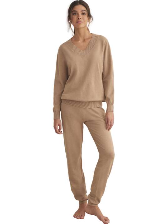 P9876SE Tenue détente et intérieur pyjama pantalon top col V TRICOTP98 Selmark Marron face