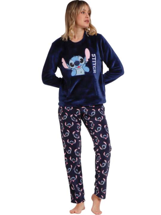 62676AD Pyjama tenue pantalon top manches longues Stitch Faces Disney Admas Bleu Marine face