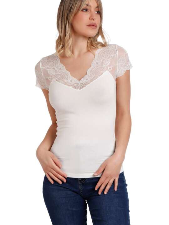 43574AD Short-sleeved lace T-shirt Puntilla Admas Ivory face