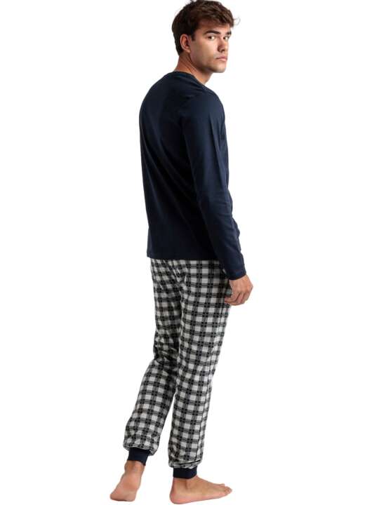 62751AD Pyjama outfit trousers polo shirt long sleeves Classic Checks Admas Navy Blue face