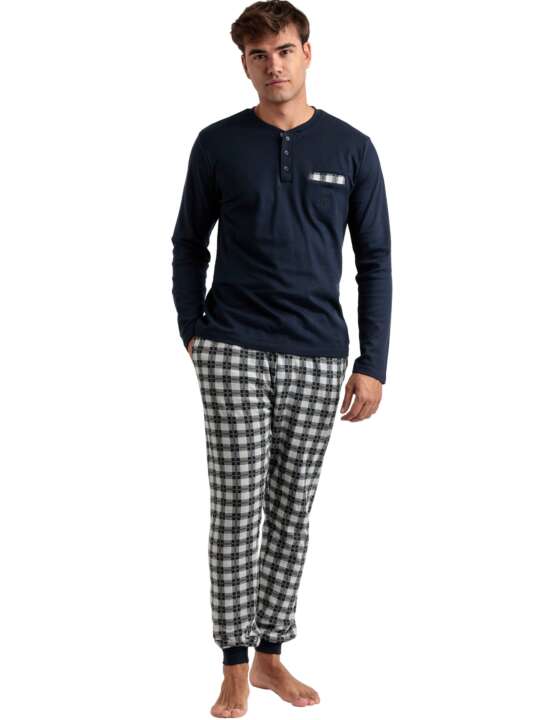 62751AD Pyjama outfit trousers polo shirt long sleeves Classic Checks Admas Navy Blue face