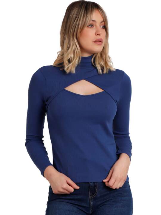 43558AD Long-sleeved top with open stand-up collar Cruzado Admas Blue face